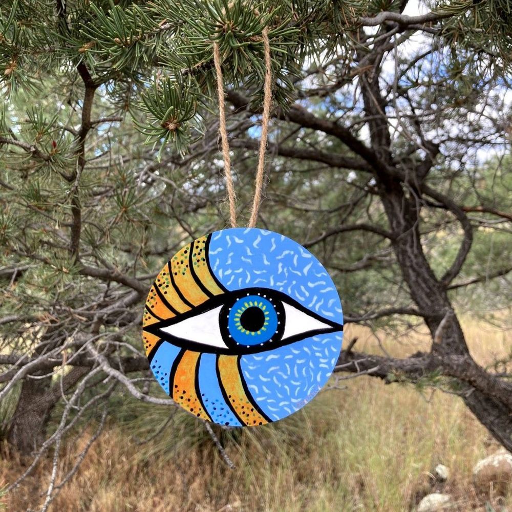 Hand-Crafted Hand-Painted Rustic Wooden Evil Eye Ornament Boho Home Decor Blue